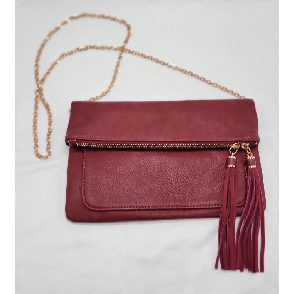 Moda Luxe Crossbody Clutch Burgundy Vegan Leather Front Flap Tassels Removable
